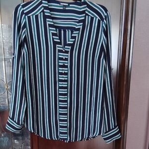 Express Women's Navy and White Striped Blouse
